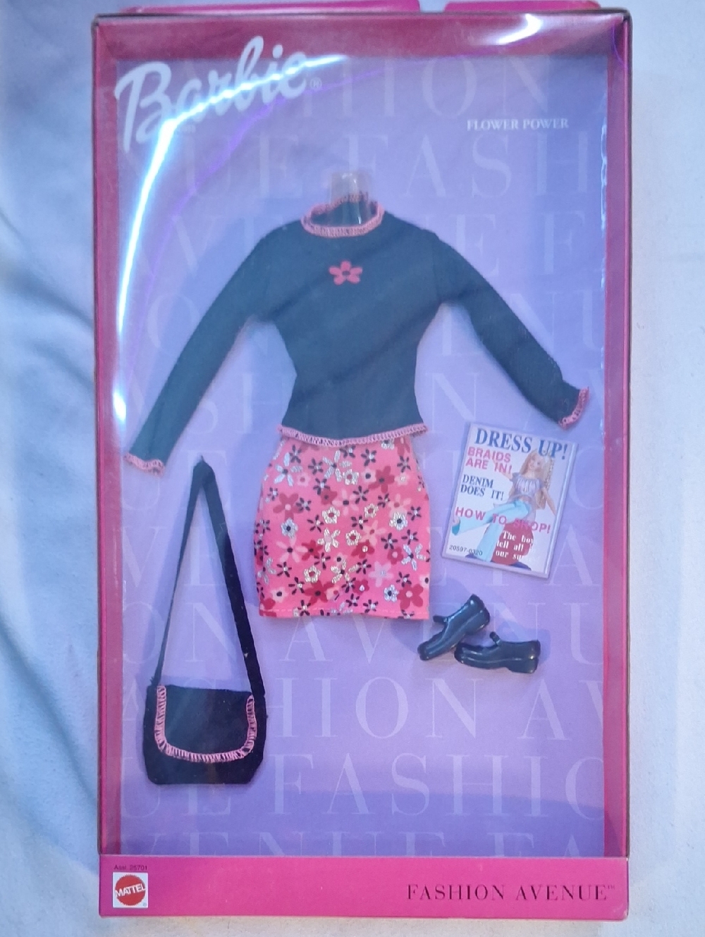 Vintage Hard To Find 1990s Barbie Black Top with Pink Floral Skirt -  New